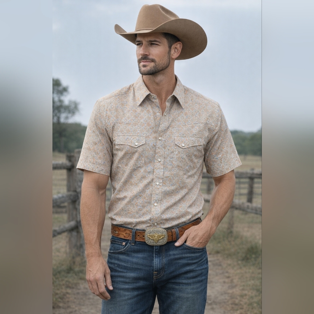 Wrangler Men's Short Sleeve Printed Button-Up Shirt - Beige/Blue NWT Size XLT